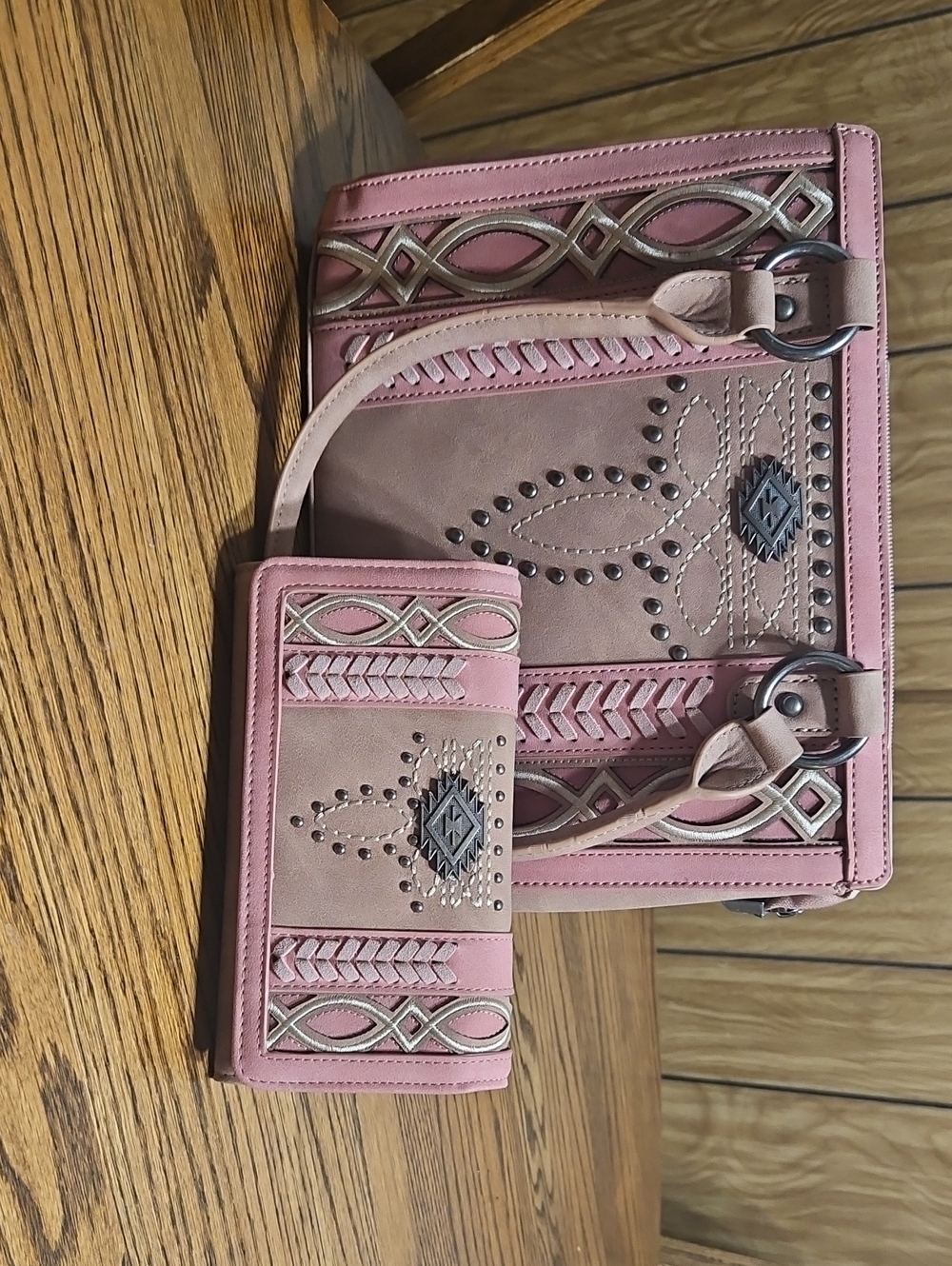 Montana West Pink and Tan Embellished Tote with Matching Wallet